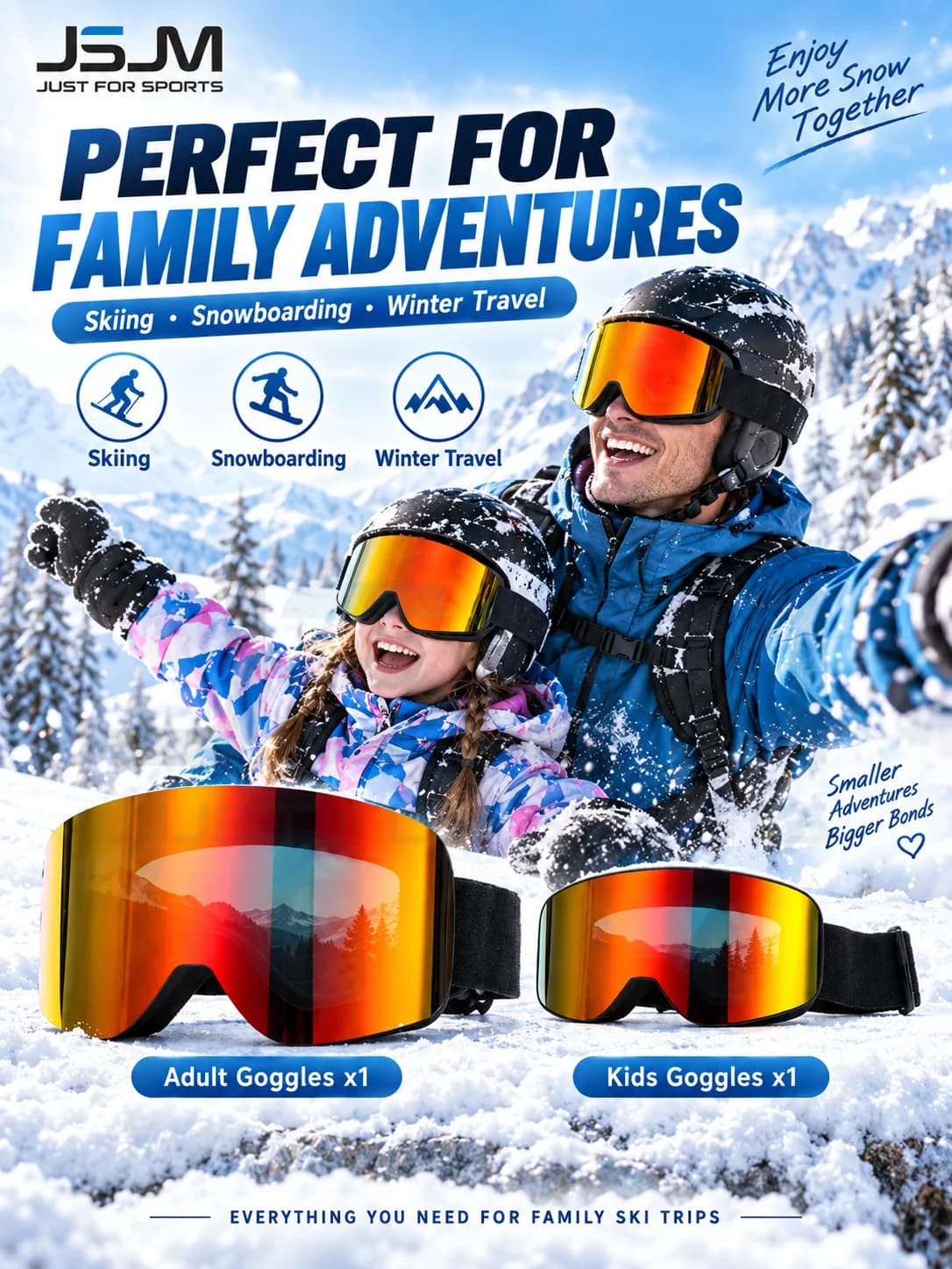 JSJM New Matching Parent-Child Skiing Goggles Set for Adult & Kids, Anti-Fog UV400 Snow Goggles, Family Winter Ski Glasses Gift