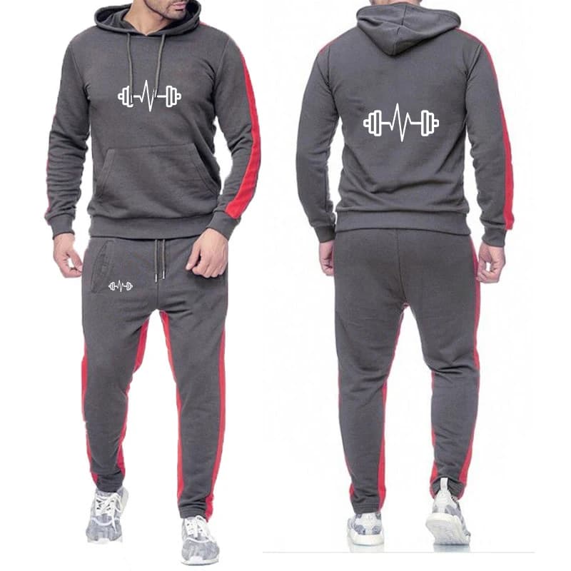 Fitness Dumbbell Pattern Print Spring And Autumn 2025 Men's New Solid Color Pocket Hoodies+Casual Sweatpants Suit