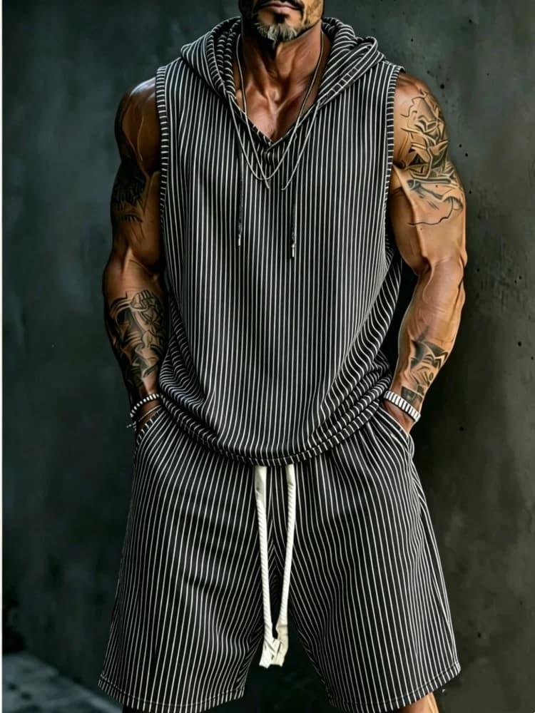 Set canotta e pantaloncini da uomo senza maniche con cappuccio, abbigliamento casual a righe, comodo e allentato, stile streetwear