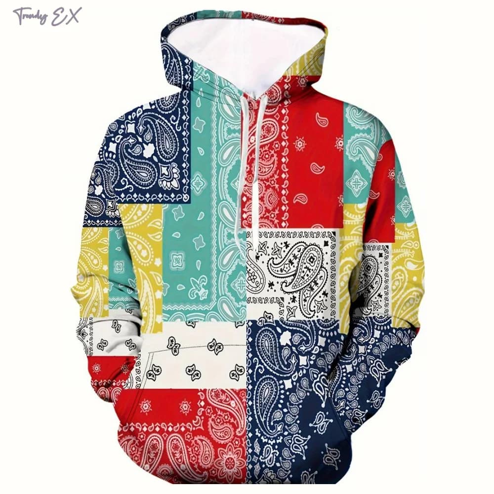 2024 New Sweatshirt Unisex Retro Bandana Print Cool Hoodies Fashion Patchwork Pattern Design Kangaroo Pocket Men's Sweatshirt