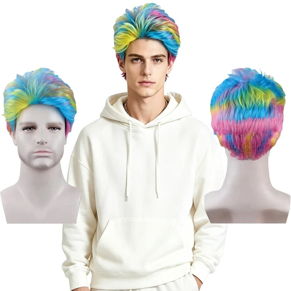 Rainbow Full Head Wig Men Short Curly Wig Multicolor Heat Resistant Synthetic Hair For Carnival Halloween Cosplay Daily