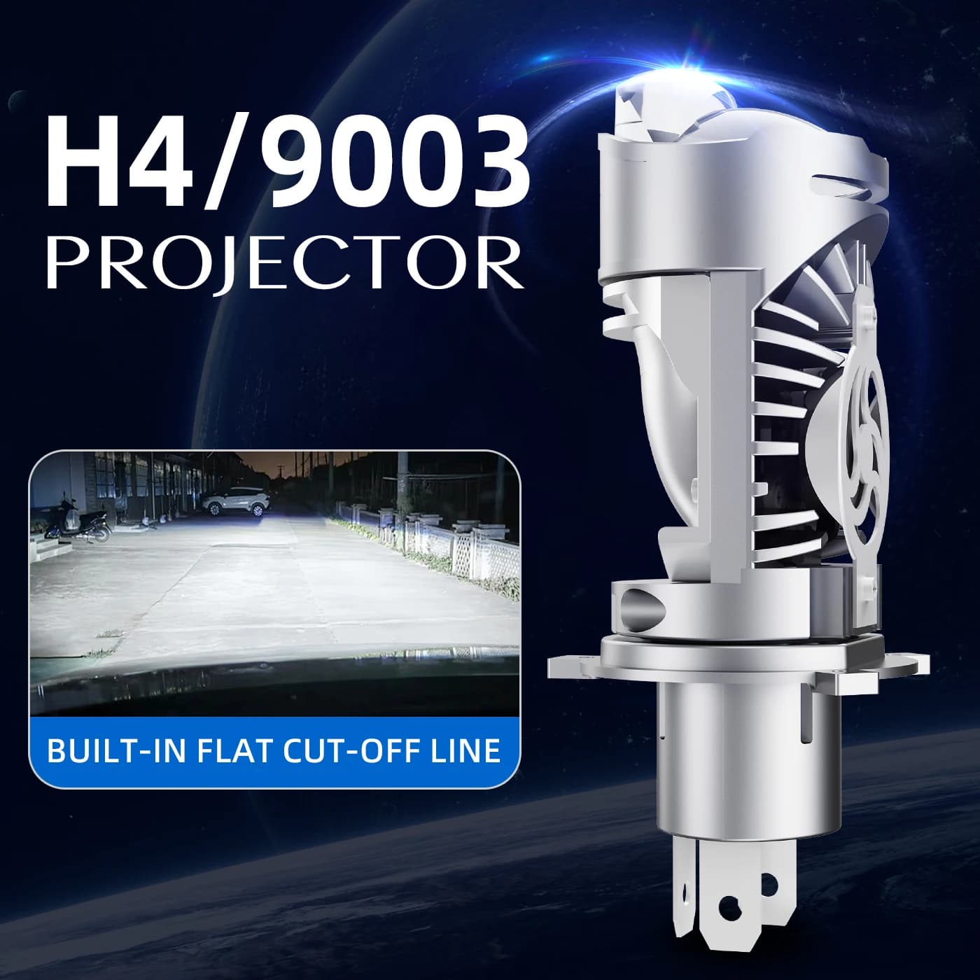 Mini proiettore H4 con lampadina LED da 90W 6500K, super luminoso e nitido, con linea di distinzione tra luci lontane e vicine, ventola integrata.