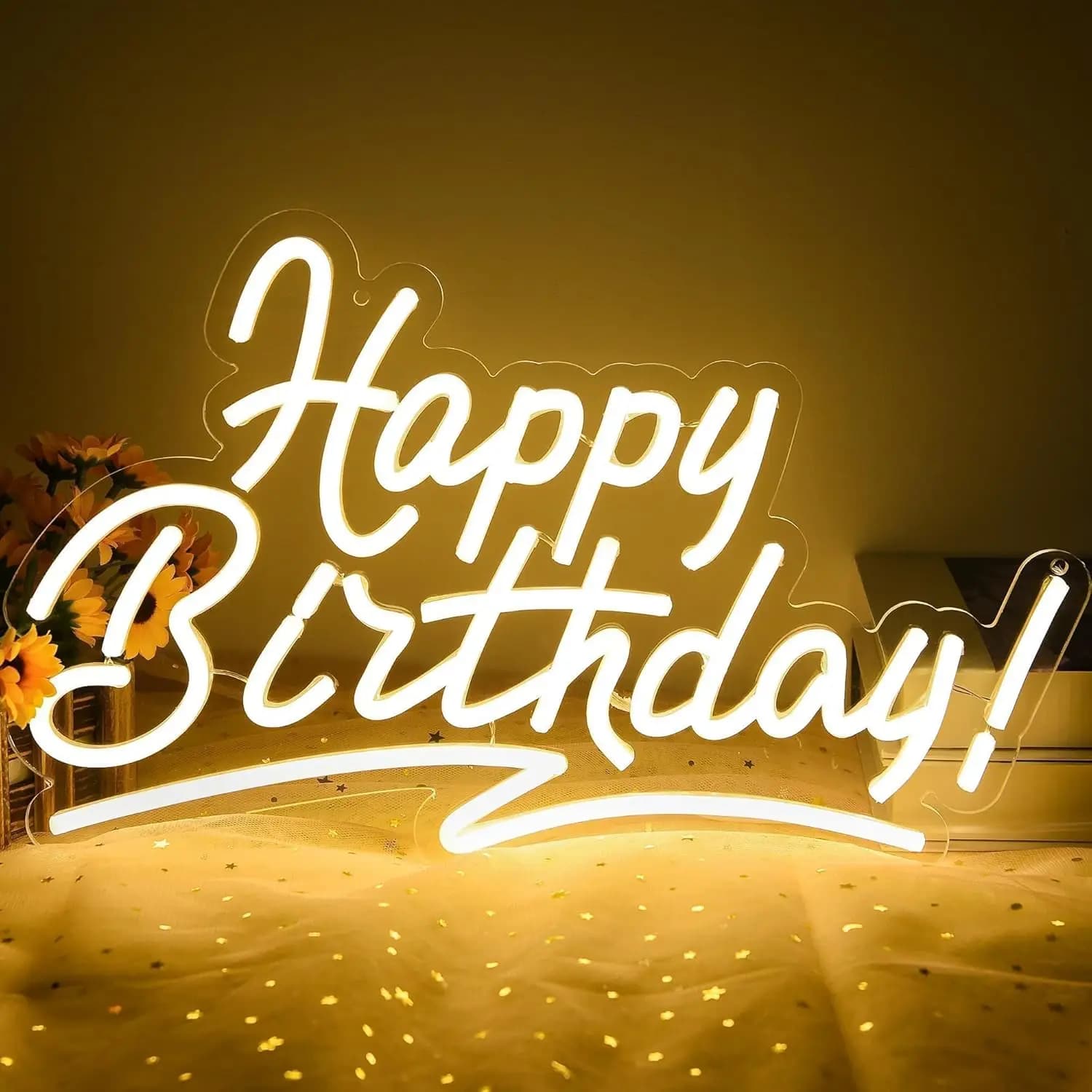 Insegna al Neon 'Buon Compleanno' con Luce Calda, Stile Scritto a Mano, Luce LED da Parete per Feste, Casa, Bar, Caffè, Decorazione, Regalo per Celebrazioni di Compleanno