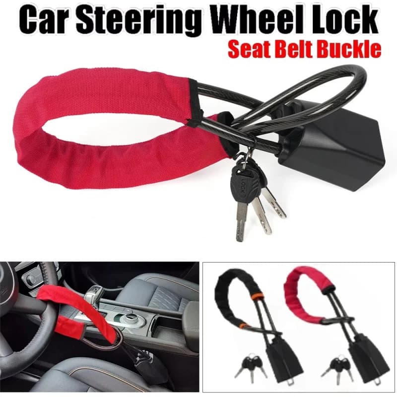 Car steering wheel lock with seat belt, van RV steel rope with 3-key universal lock protection device