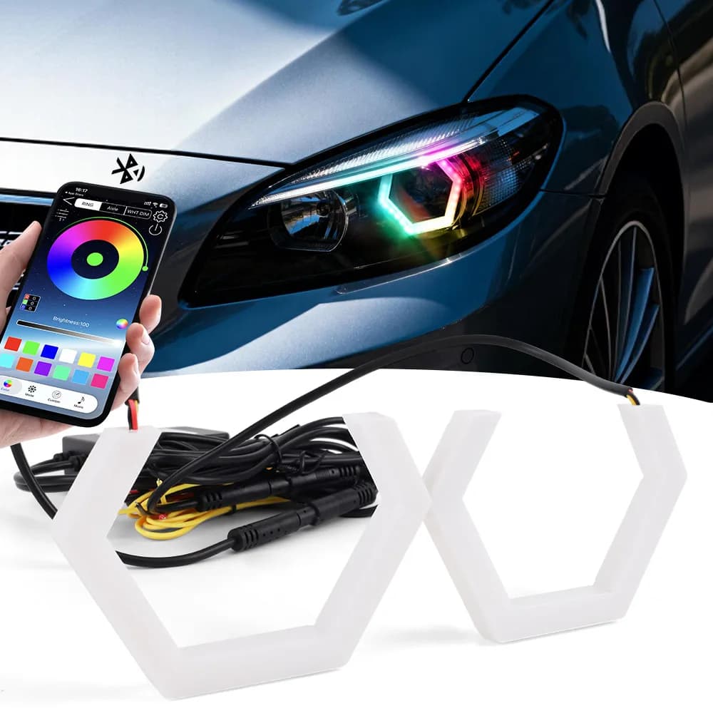 Set di 12/24V RGB Anelli Luminosi Esagonali Angel Eyes per Retrofit Fari Auto e Moto con Interruttore DRL + Luce di Direzione Ambra 70/80/85/90MM