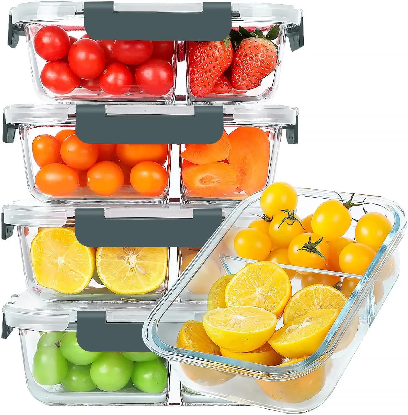 Set di 5 Contenitori in Vetro per Preparazione Pasti da 30 oz, 2 Scomparti, Contenitori per Alimenti in Vetro con Coperchi, Lunch Box Ermetico, Adatto al Microonde