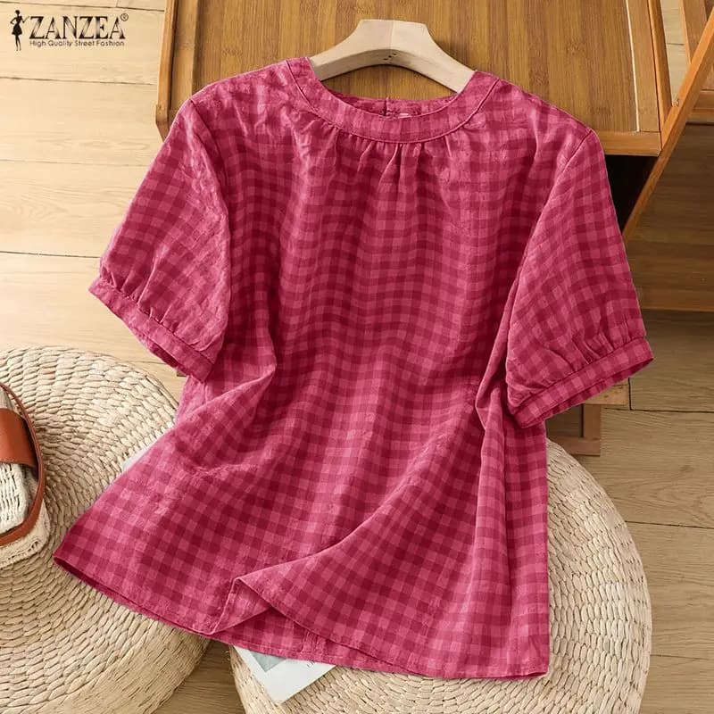 2026 ZANZEA Camicetta Estiva a Quadri da Donna, Girocollo, Manica Corta, Top Casual alla Moda, Camicia da Lavoro Larga, Blusa Femminile per Vacanze