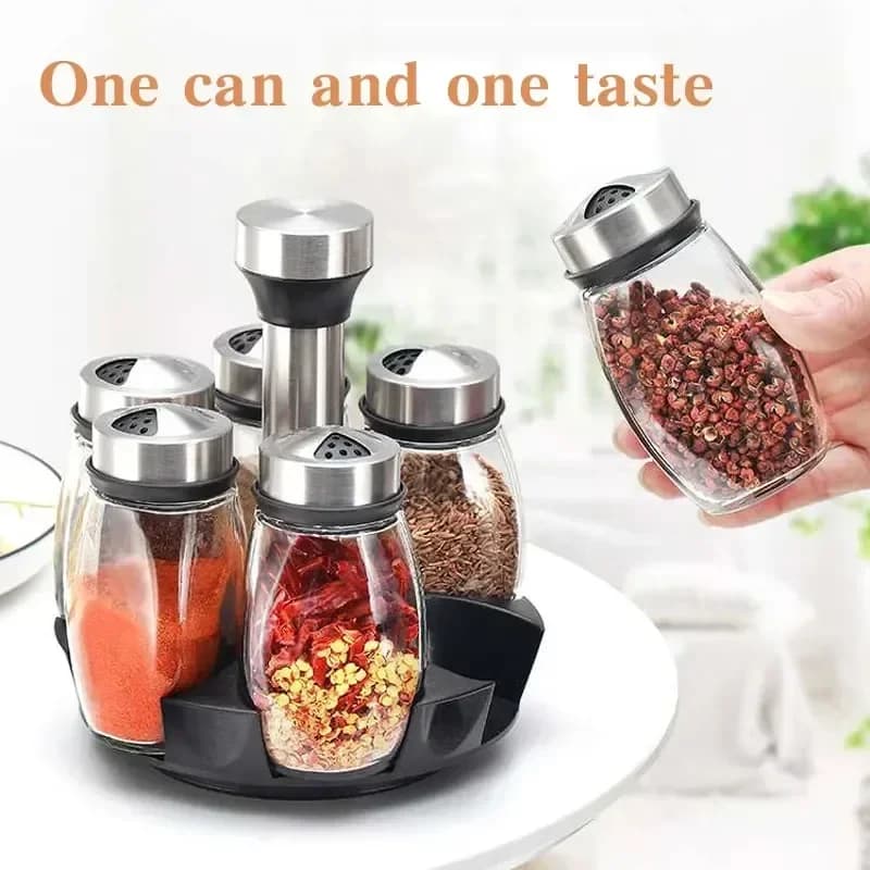 Set di bottiglie di spezie rotanti 1/7 pezzi Barattoli di condimento in metallo con adesivi Organizzatore da cucina Base rotante Rack di stoccaggio Barattolo di spezie