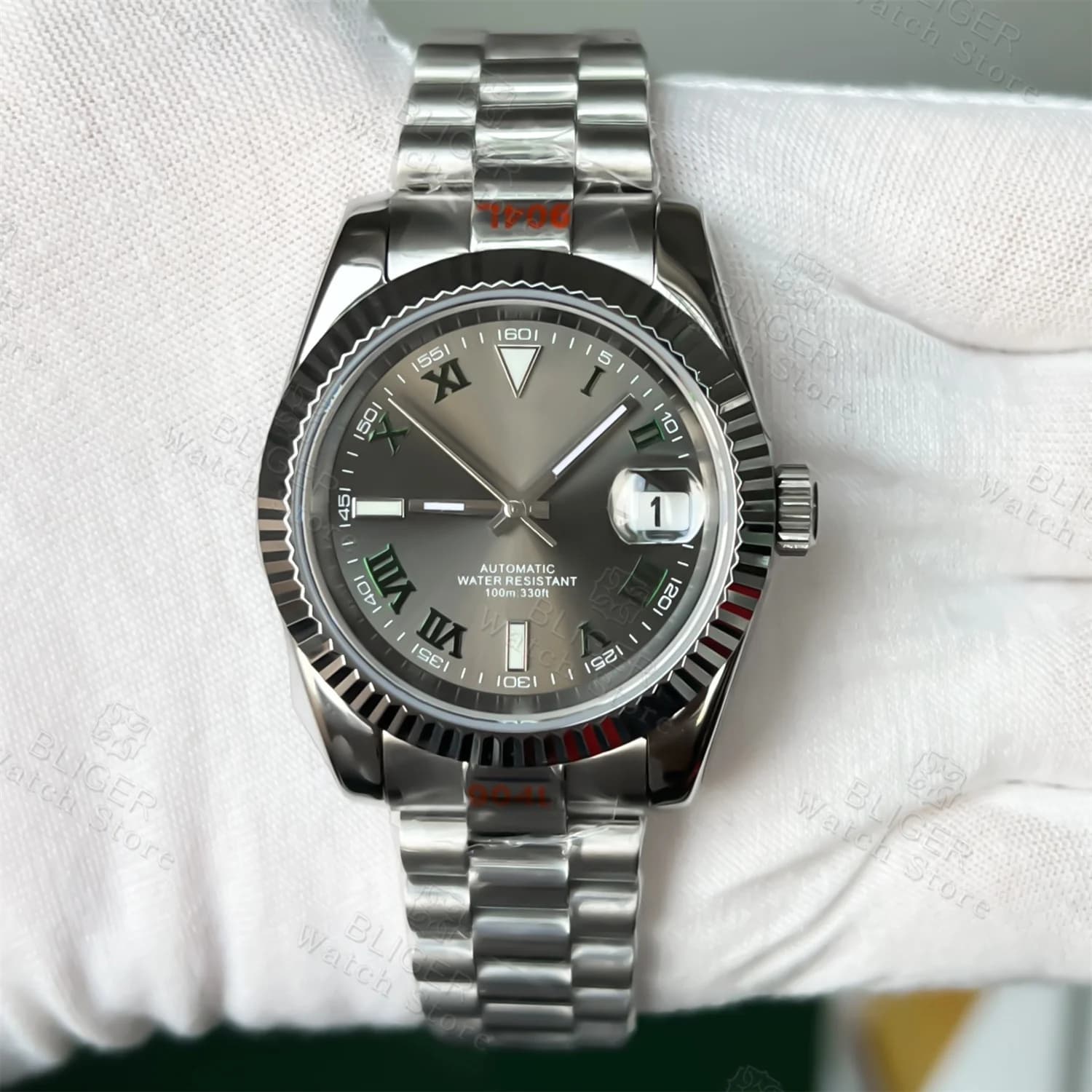 BLIGER 36mm 39mm Sunburst quadrante grigio verde scuro numeri romani NH35 orologio automatico da uomo cinturino in acciaio inossidabile vetro zaffiro