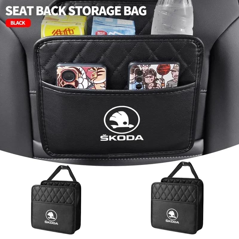Seggiolino auto in pelle borsa portaoggetti sedia schienale tazza d'acqua scatola di fazzoletti per Skoda Rapid MK3 Derivative VisionS Yeti Scala Enyaq-iV