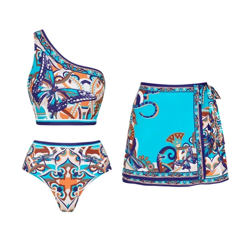 Flaxmaker Costume da bagno sexy monospalla e gonna Set bikini estivo con scollo a V stampato vintage 2025 Costumi da bagno da donna da donna