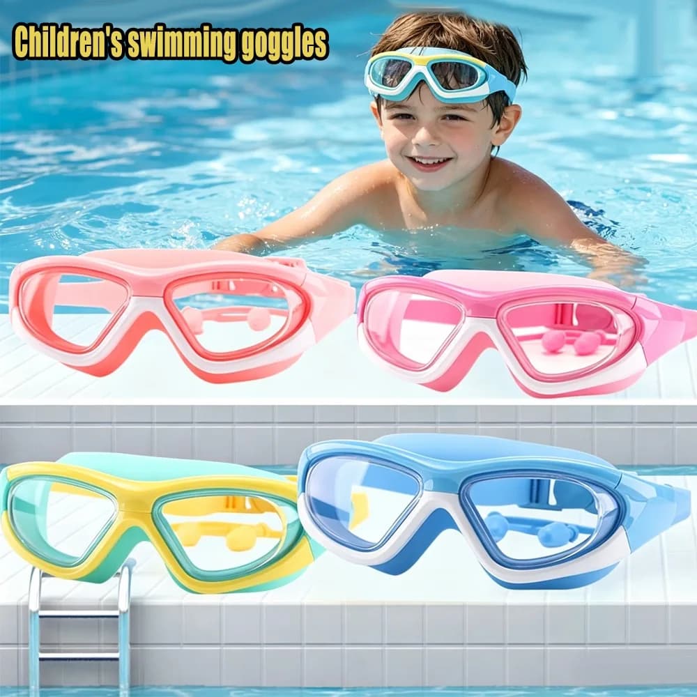 Occhialini da nuoto per bambini 3-12 anni, montatura grande, impermeabili, antiappannamento, HD, per ragazzi e ragazze, set con cappuccio da nuoto e clip per il naso per bambini