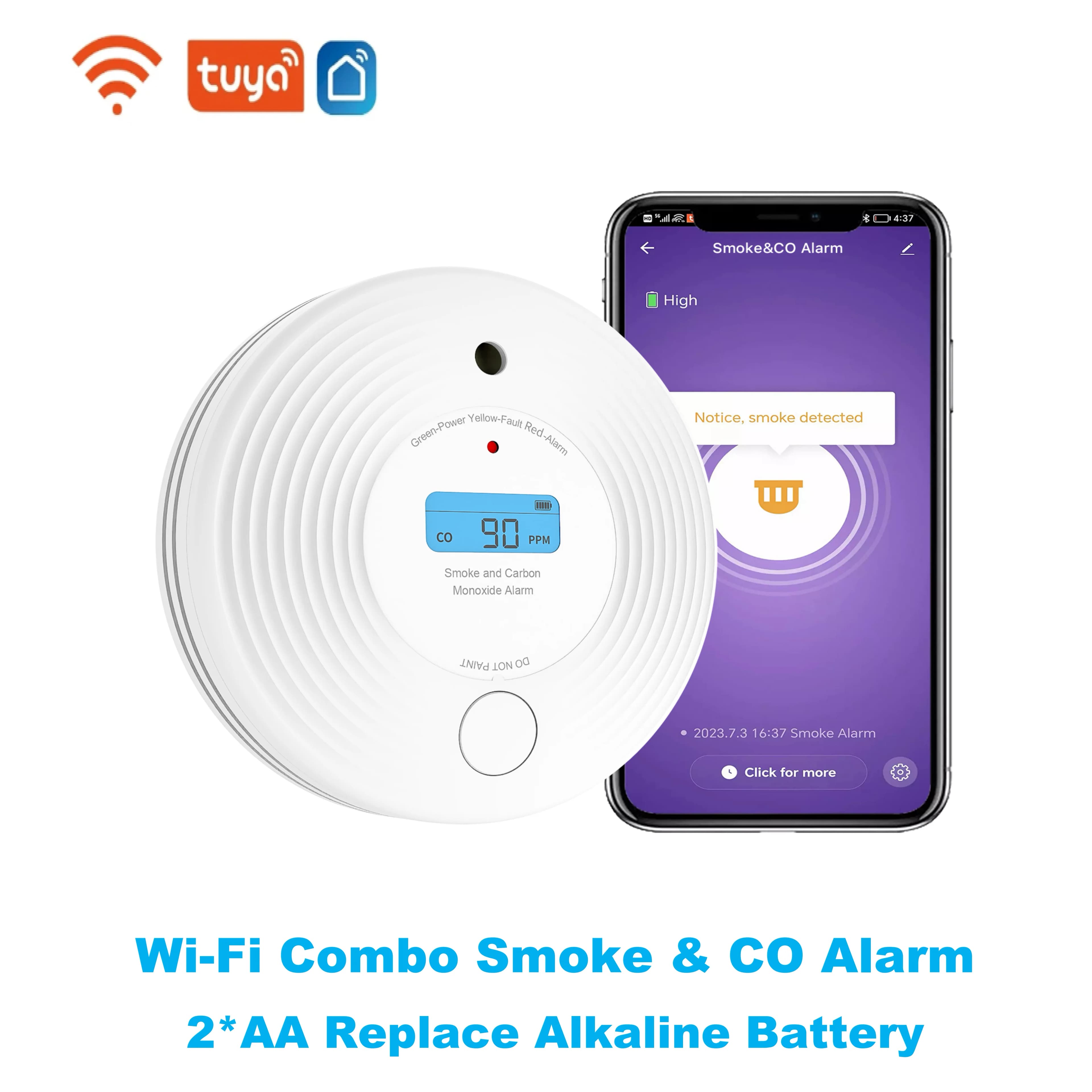 TuyaSmart Combo Smoke and CO Detector, 2-in-1 Dual Sensor, AA 1.5V Replaceable Alkaline Battery, 2.4GHz WiFi, Tuya App