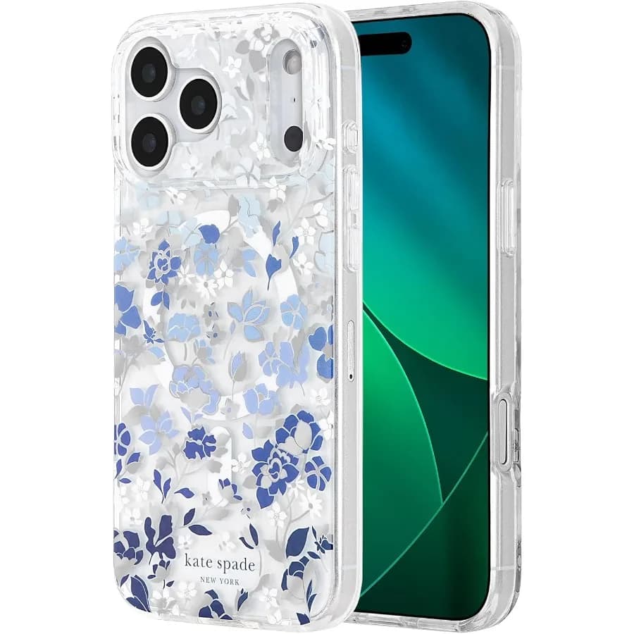 Elegant Flowerbed Blue Gems Designer Phone Case for iPhone 17 Pro Max with MagSafe Compatibility Premium Protective Cover for E