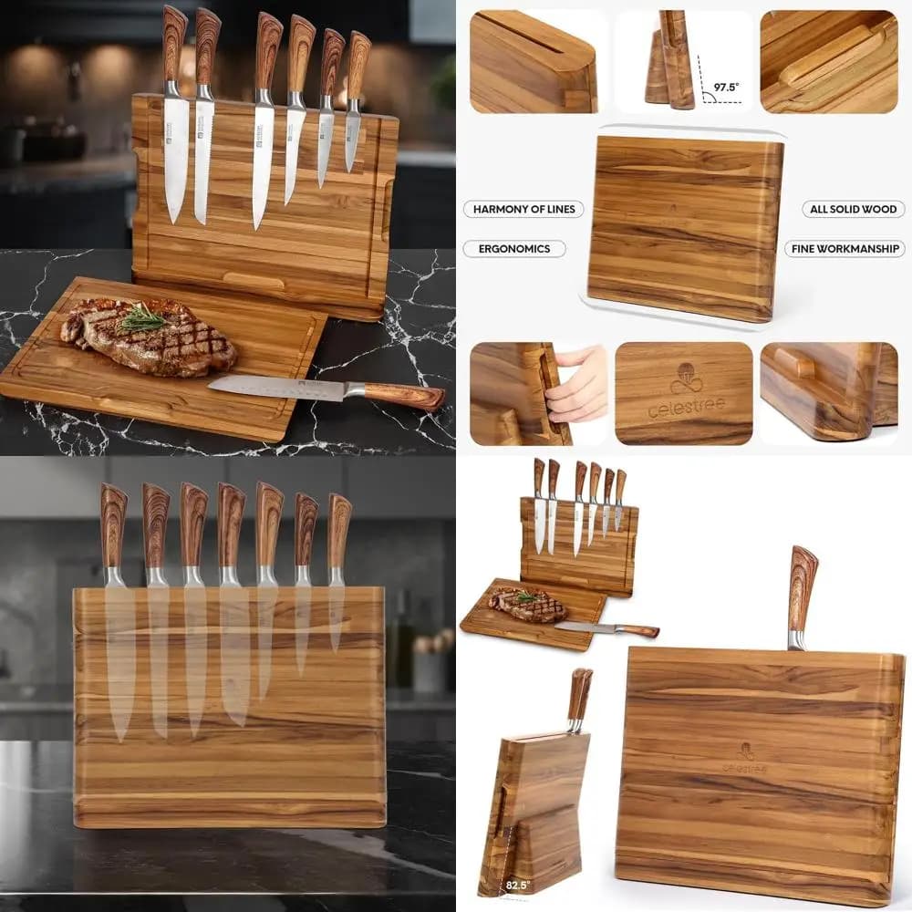 Magnetic knife holders 16x11 inches teak cutter, juice grooves, kitchen organizer for domestic chefs