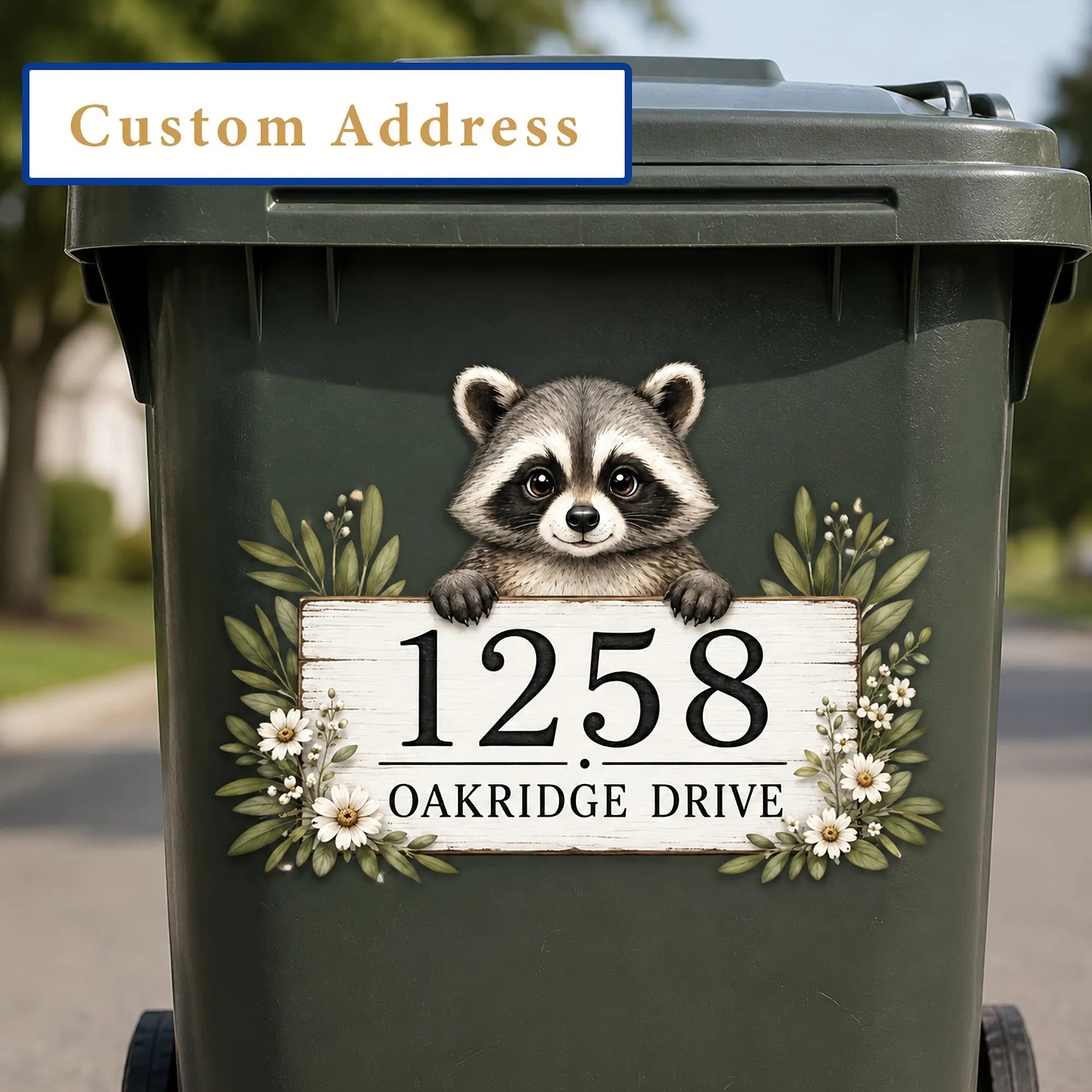 Trash Can Decals Custom Address Raccoon Floral Vinyl Sticker Waterproof Outdoor House Number Label For Wheelie Bin Decor