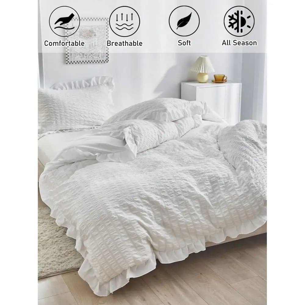 White Chiffon Cover Set with Ribbed Edges, 3 Pieces, Elegant Bed Linen for All Seasons
