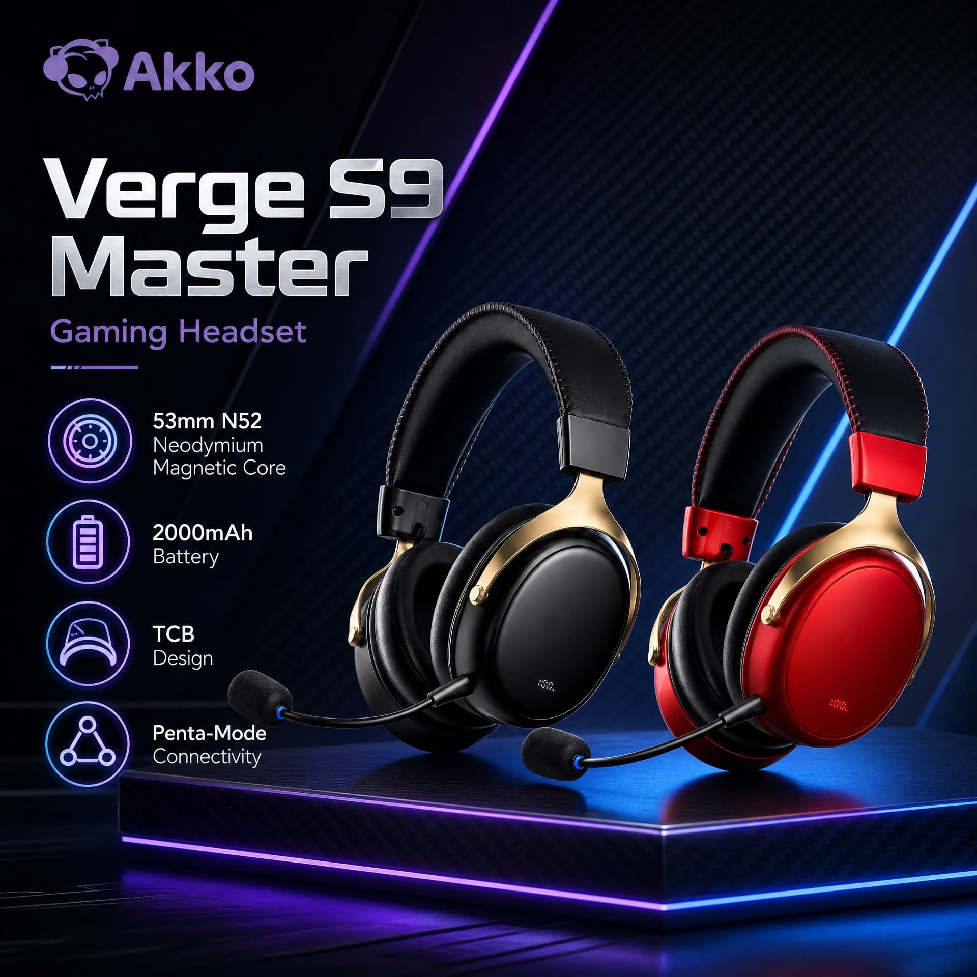 Newest Akko Verge S9 Master Wireless Gaming Headset Headphone 32-bit Dual-Core DSP Penta-Mode Connectivity For PC Phone Switch