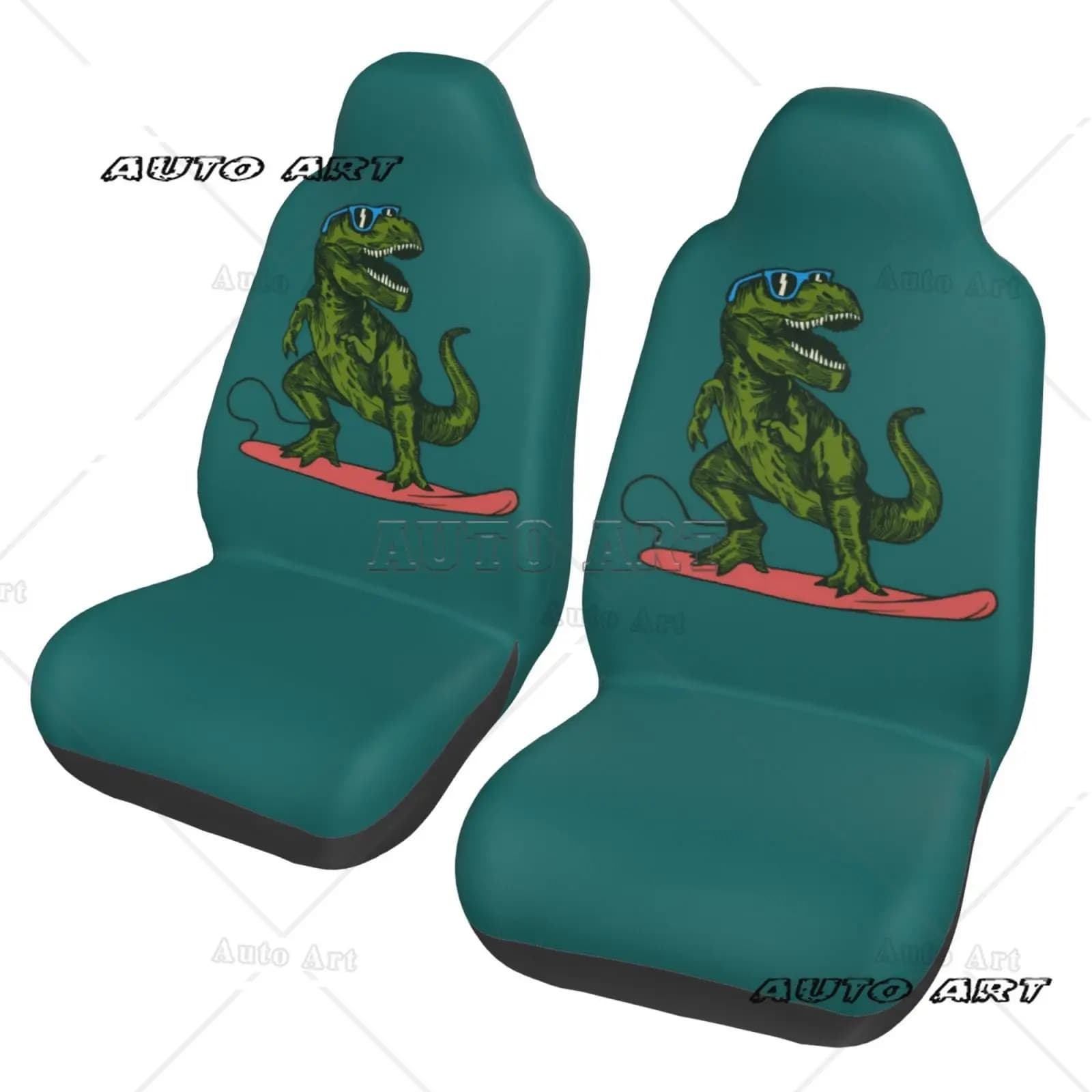 Happy Dinosaur Surfer Sun-Glasses Printed Car Seat Cover Protection Set - 2 Pieces - Anti-Slip Design