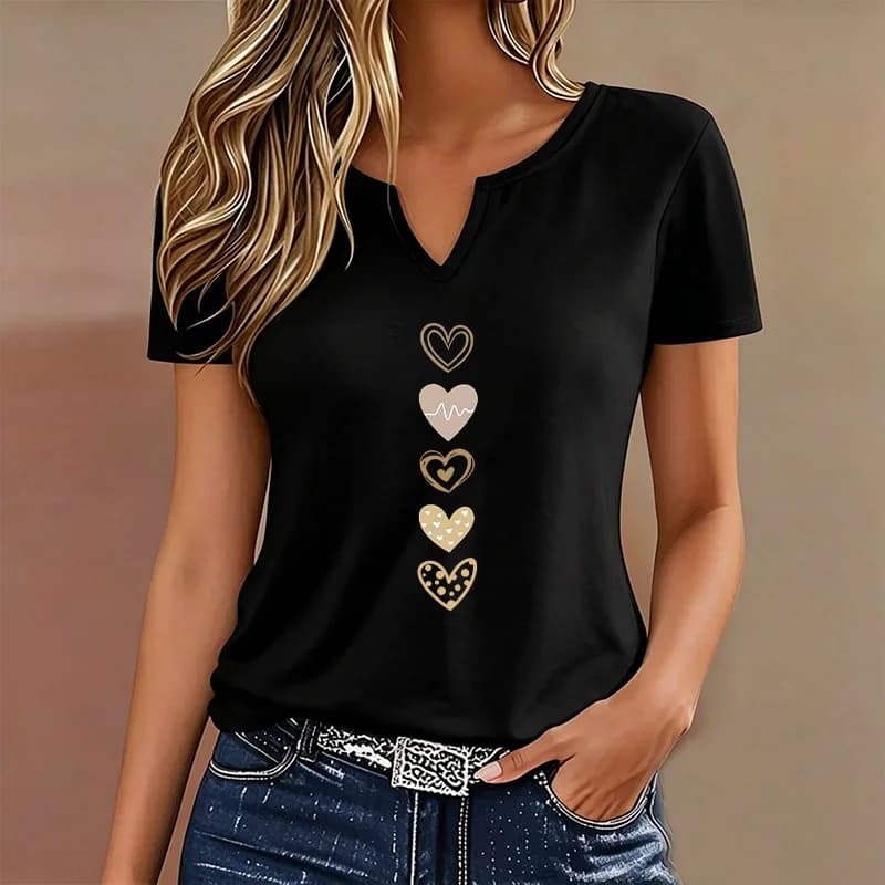 Fashion T-shirt V Neck Casual Y2k Love Heart Printed T Shirts Women Short Sleeve Tee Shirt V-Neck Summer Spring