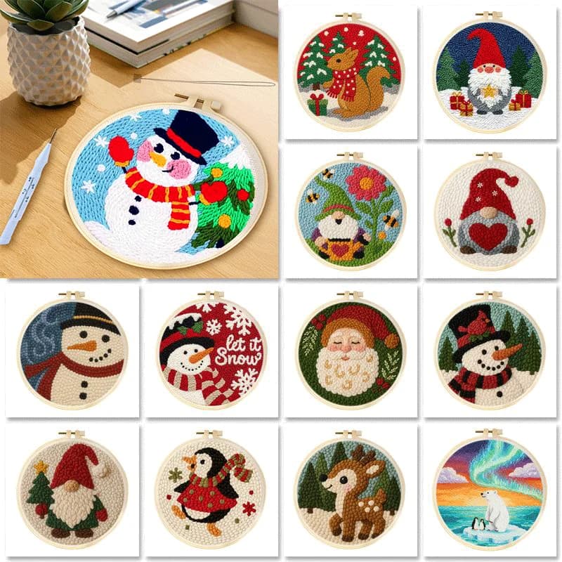 20x20cm DIY Punch Needle Kits Cute Animal Easy for Beginners Punch Needle Embroidery Set with Hoop Rug Hooking for Festival Gift