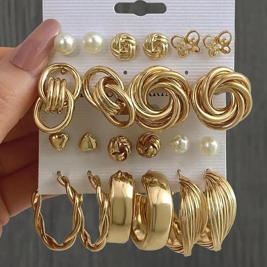 22 Pieces Gold Tone Alloy Earring Set With Faux Pearls And Geometric Designs