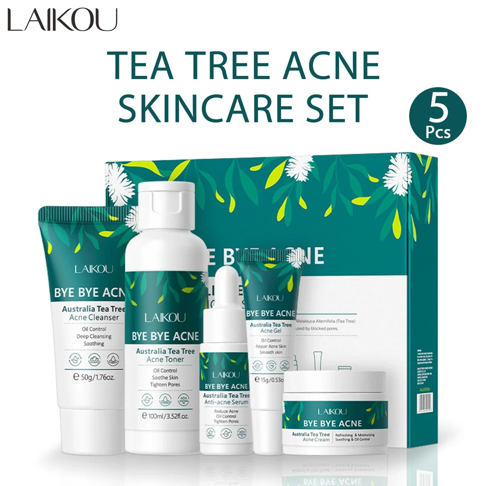 LAIKOU Skin Care Set for Acne Care - 5 piece tea tree oil control kit with face cleanser, moisturizing, cream, serum and oil toner