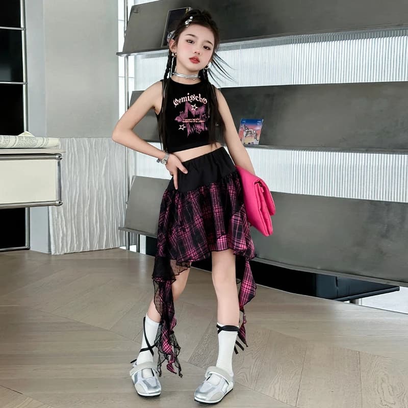 Girls Fashion 2 Piece Outfit Crop Top + Plaid Irregular Lace Skirt Kids Hip Hop Jazz Dance Performance Costume for Stage Show