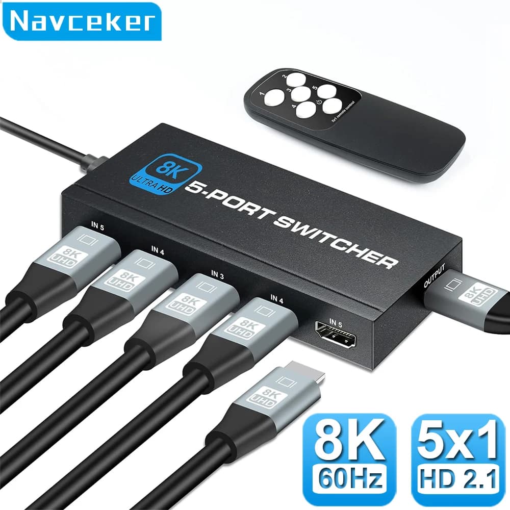 Navceker HDMI 2.1 Switcher 8K 60Hz 4 k120hz HDMI compatible switch 5 in 1 Out with remote control converter for Xbox monitor PS5