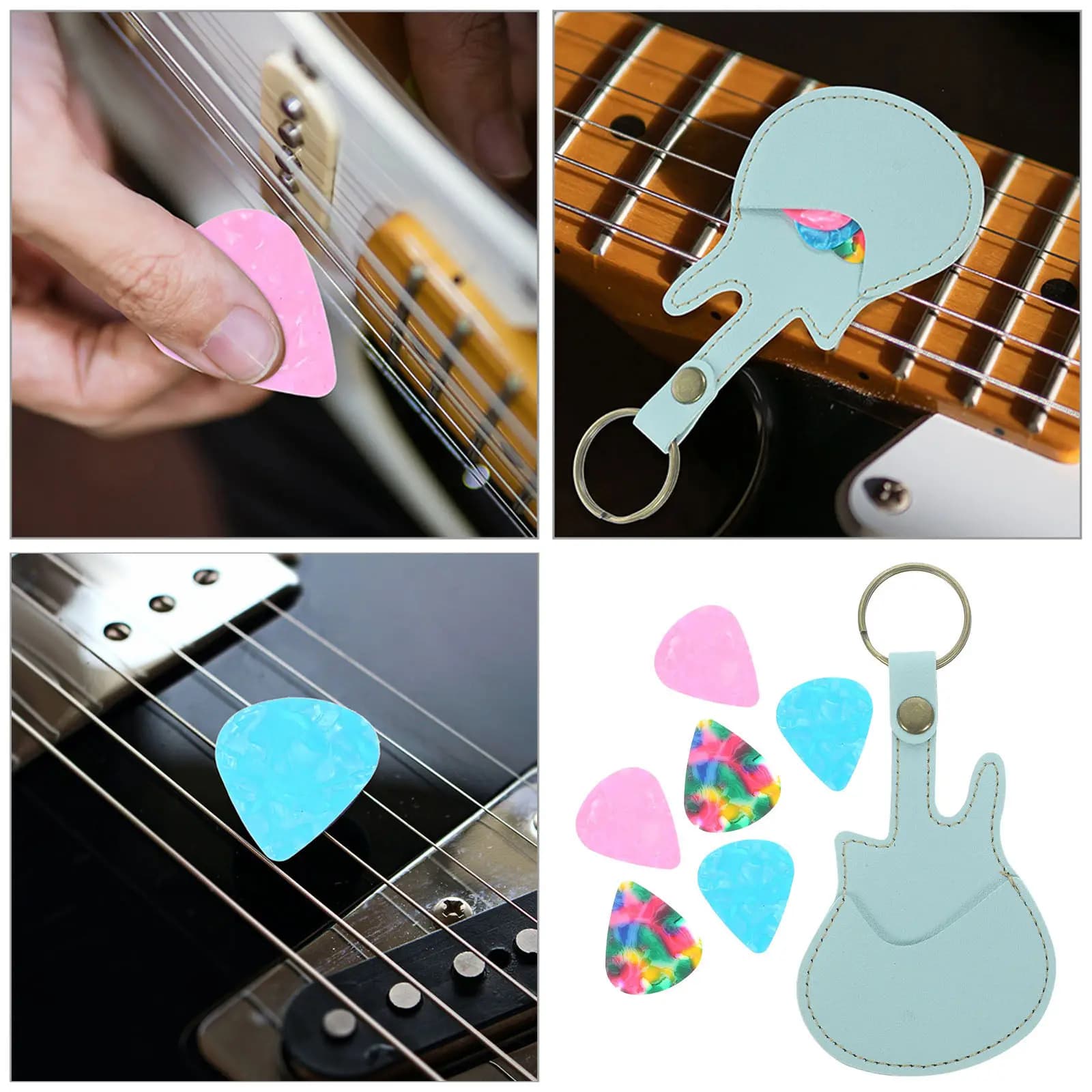 Set di 1 custodia portatile per plettri da chitarra, compatto e leggero, in PU, con portachiavi, per plettri di chitarra acustica, elettrica e basso
