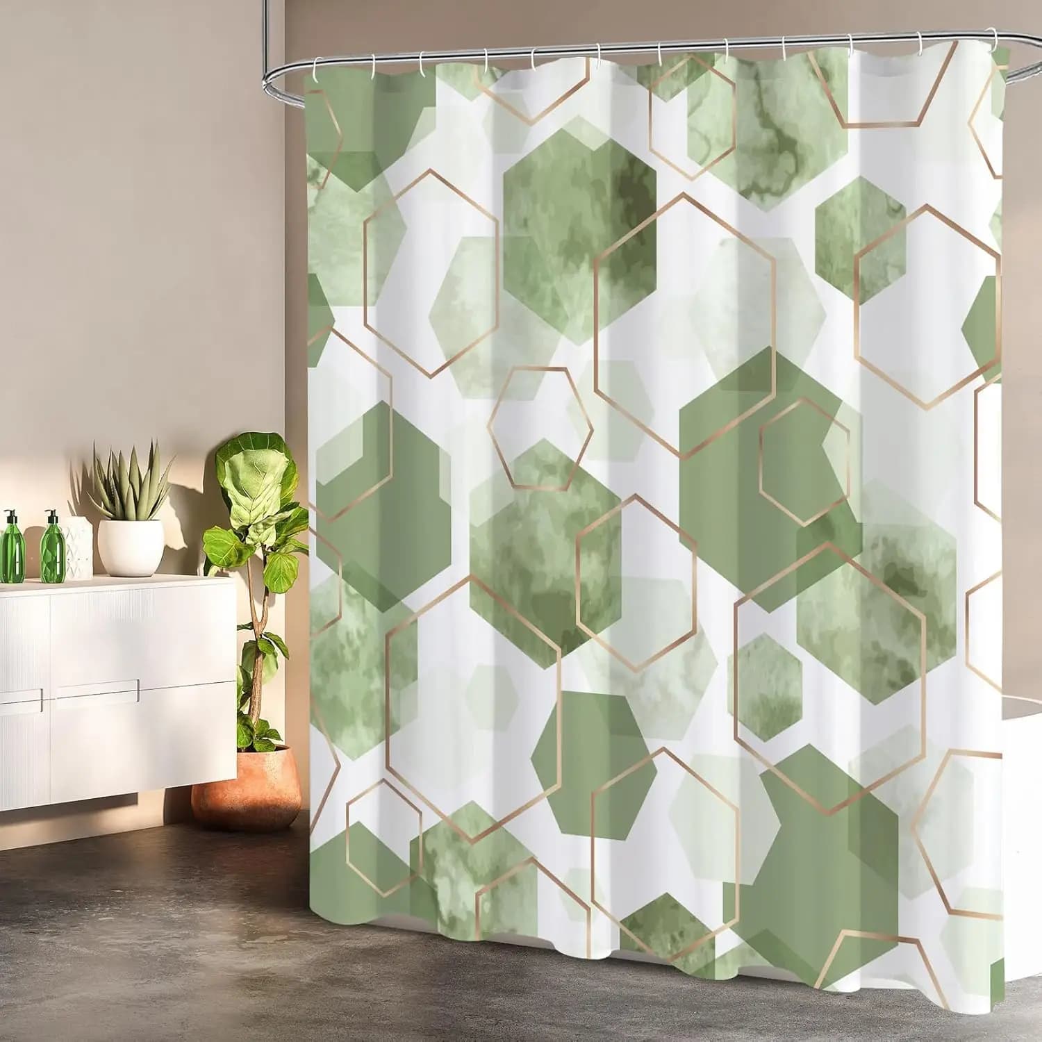 Sage Green Modern Shower Curtain for Bathroom, Geometric Art Decor Waterproof Bath Curtain, Abstract Fabric Shower Curtain