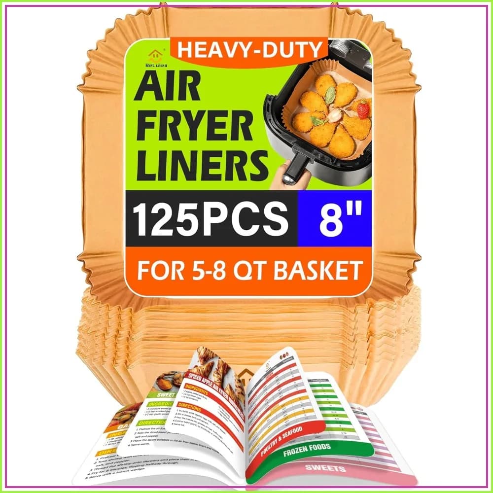 125Pcs 8Inch Air Fryer Liners Disposable, Non-Stick Parchment Paper Square with Cooking Guide