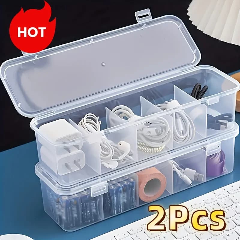Set di 2 Grandi Scatole per Gestione Cavi con Coperchio, 5 Scomparti, Organizzatore da Scrivania in Plastica Resistente per Casa e Ufficio