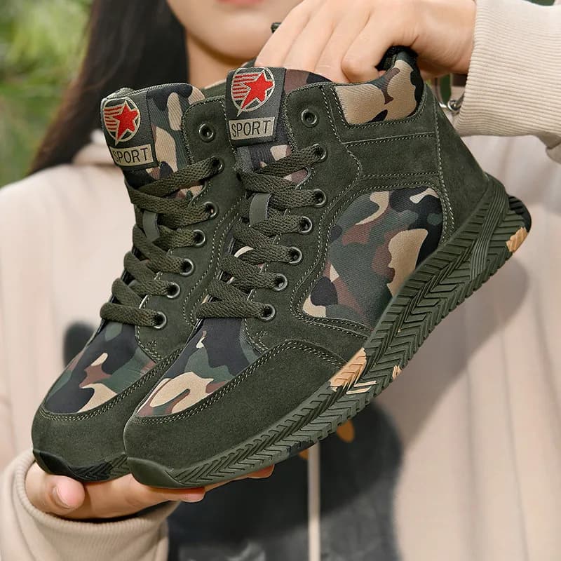 Scarpe da ginnastica alte in tela mimetica da uomo con lacci antiscivolo per escursioni all'aperto, corsa, scarpe da passeggio casual