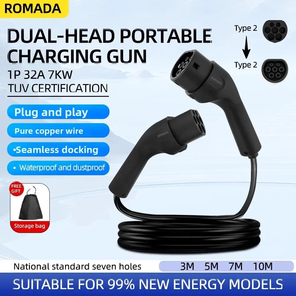 Drinking EV charging cable 32A 7kW Cable for single-phase electric vehicles 3M 5M 7M 10M Type 2 charging station EVSE Female-male spin