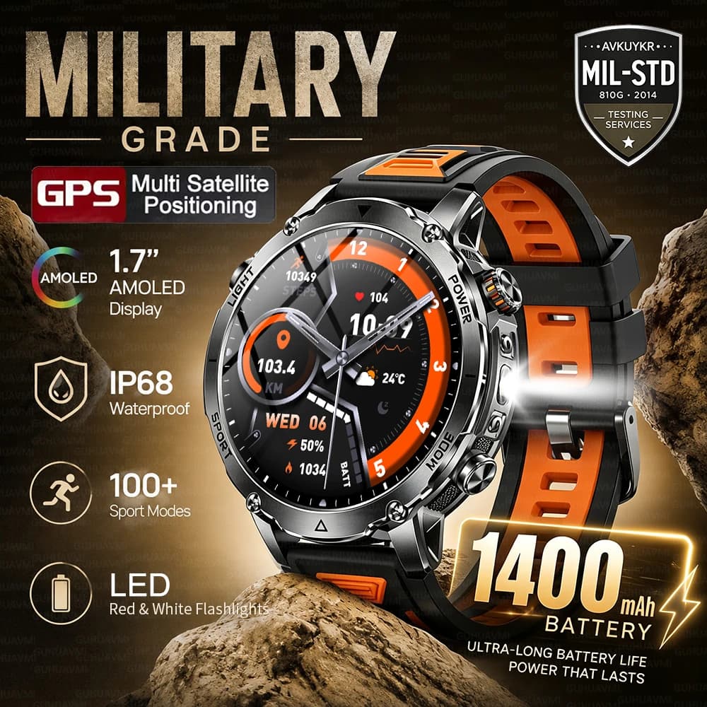 Nuovo Smartwatch GPS 2026 con Batteria da 1400mAh, 200 Giorni di Standby, Orologio Robusto per Sport all'Aperto, Impermeabile IP68, Torcia e Funzione Chiamata