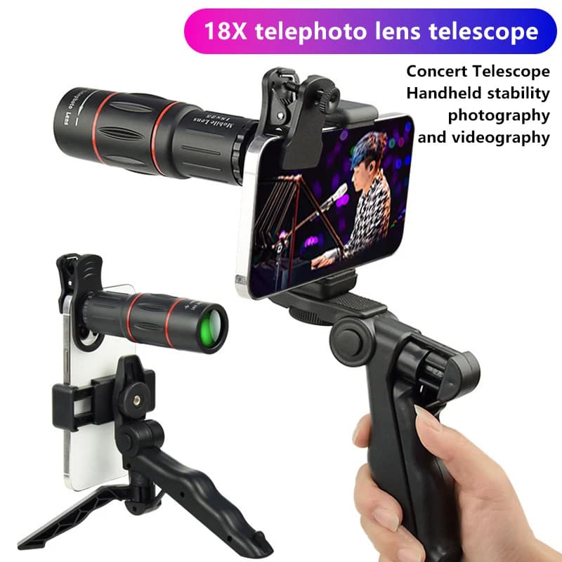 Monocolo Universale 18x25 con Zoom HD, Lente Ottica per Osservazione e Rilevamento, Teleobiettivo 18X con Treppiede per Smartphone, 1 Set