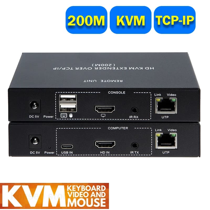 Estensore KVM IP HDMI da 200 M su cavo Ethernet RJ45 Cat5e/6 Estensore HDMI 1080P USB KVM tramite switch di rete Supporto tastiera mouse