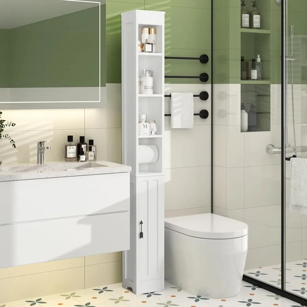 Mobiletto da bagno sottile con ripiani regolabili, porta carta igienica, porta magnetica per piccoli spazi, bianco