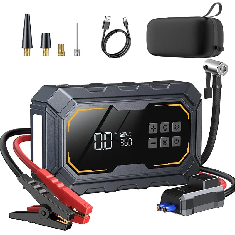 Avviatore d'Emergenza Digitale Portatile per Auto con Compressore d'Aria, Alimentatore da 10000 mAh con Luce LED e Gonfiatore Pneumatici da 150 psi
