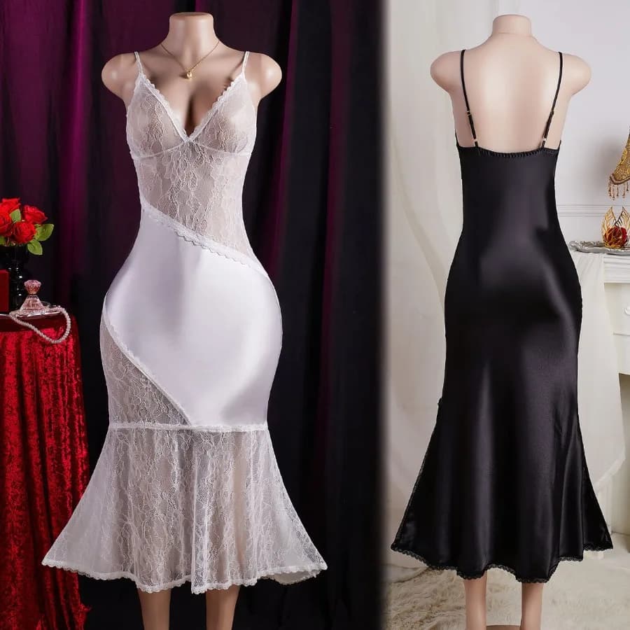 【Nuovo stile】Nuovo abito in tinta unita, trasparente, sexy, sottile, con scollo a V, gonna sottile, abito senza maniche con inserti in pizzo