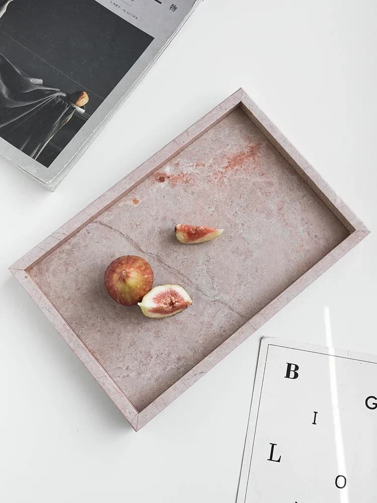 Pink Natural Marble Storage Tray for Candles Perfume Jewelry Genuine Stone Vanity Tray for Bathroom Counter Dresser Home Decor