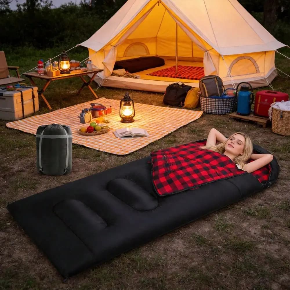 Weather Sleeping Bag, XXL Big And Tall For Adults, Black Red, Thick Warm Windproof, Foldable Portable Camping Sleeping Bag