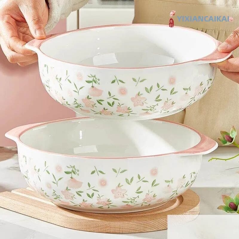 Large Capacity Double Ear Ceramic Soup Bowl Beautiful Design Kimchi Fish Hot Pot Noodle Bowl Chinese Style Plant Floral Pattern
