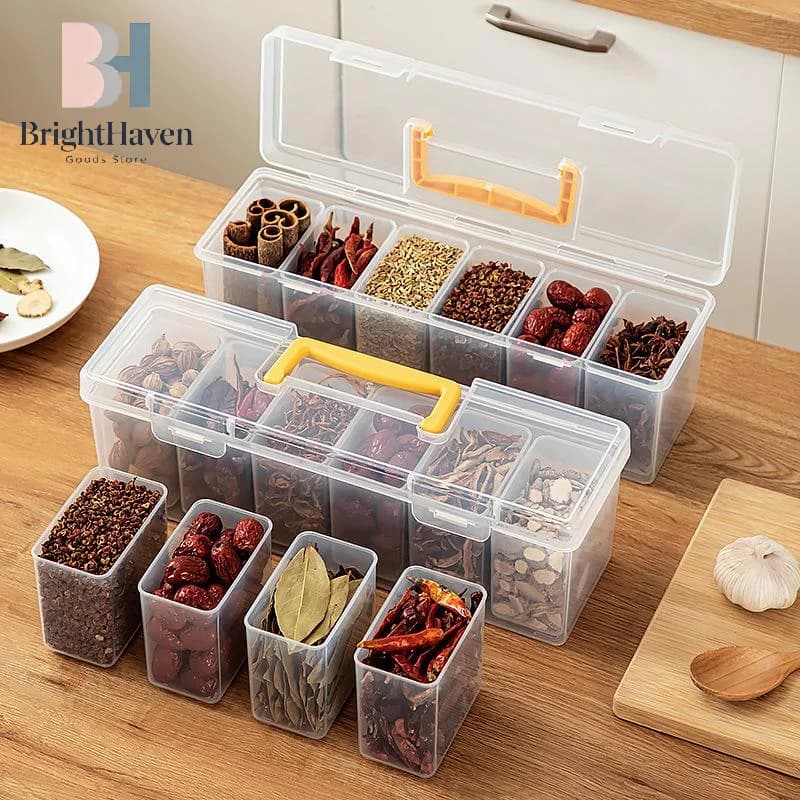 Clear Plastic Spice Storage Container Set With Removable Compartments And Portable Handle Perfect For Kitchen Pantry Seasoning