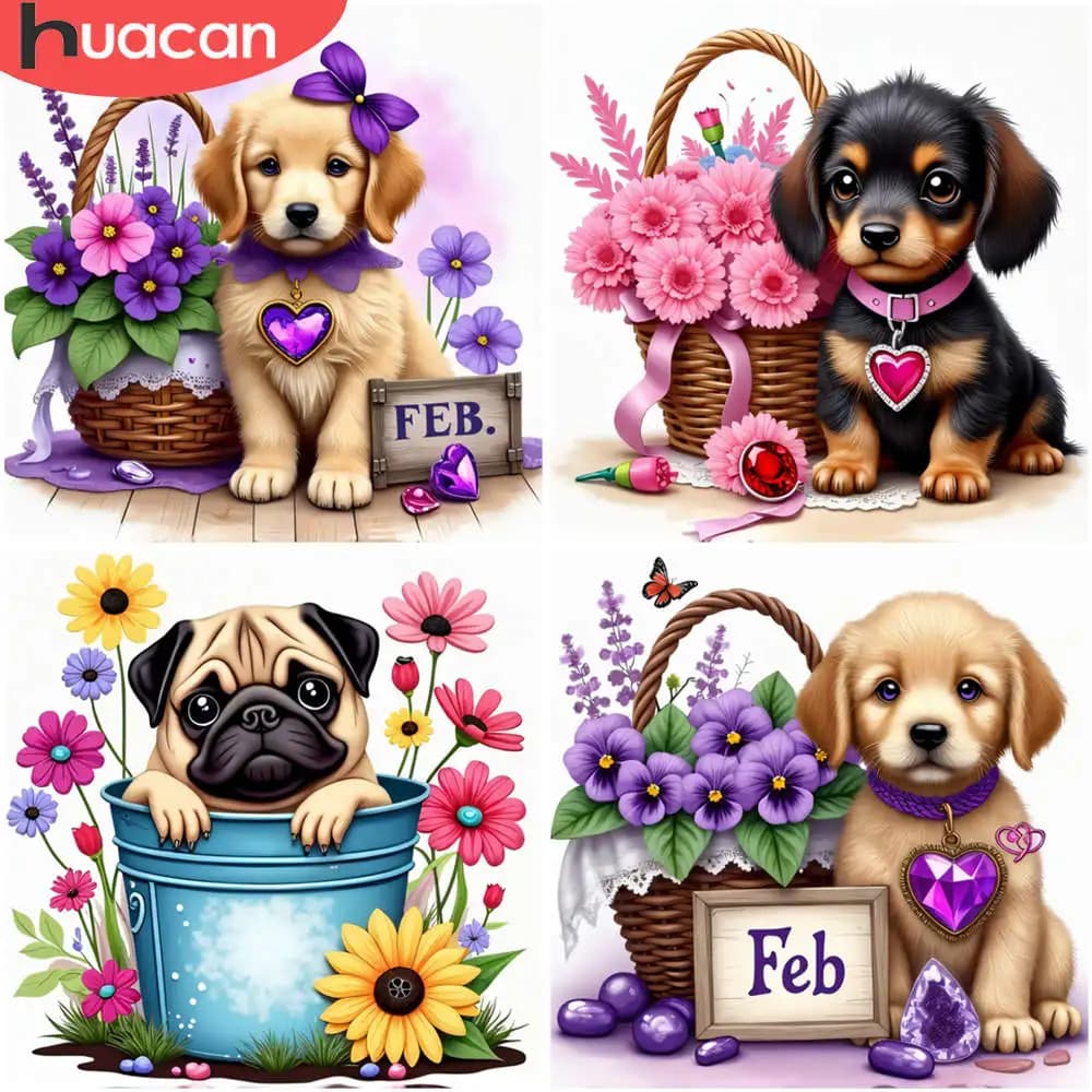 DIY Full 11CT Embroidery Cross Stitch Kit Adorable Puppy Floral Basket Minimalist Pre Printed Aida Cloth Needles Threads Animals