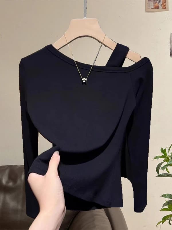 Maglietta da donna a maniche lunghe con spalle scoperte, modellante e coprente, per la primavera, da indossare sotto, top base per il commuting