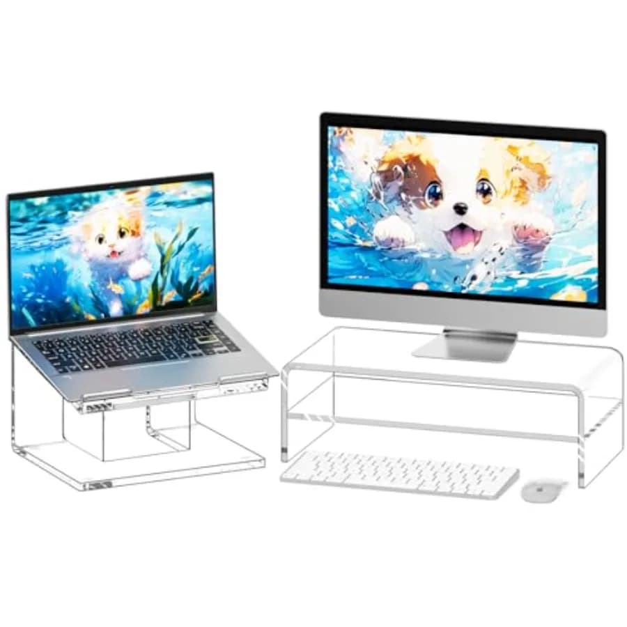 Supporto per Monitor in Acrilico Trasparente a 2 Livelli con Porta Laptop, Altezza 5,12 Pollici, Organizzatore da Scrivania Trasparente per PC, Stampante e Laptop da 10-15,6 Pollici