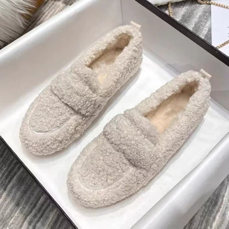 Scarpe da donna con suola spessa e pelliccia, mocassini caldi in cotone felpato per esterni