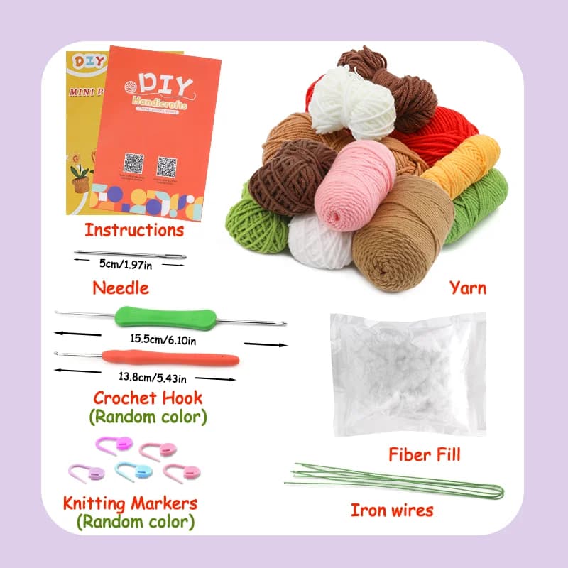 KRABALL Kit di 6 fiori all'uncinetto in vaso per principianti con tutorial video, filo di cotone, ago, uncinetti, set di strumenti per lavorare a maglia